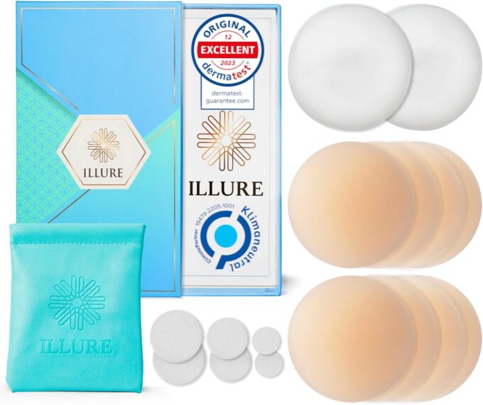 ILLURE® Nippelpads – Damen Nipple Cover mit Brustwarzenschutz - Nipple Pads wiederverwendbar & waschbar - dünne Selbstklebende Brustwarzen Nippelabdeckung aus hypoallergenem Silikon [8 cm] mit Tasche