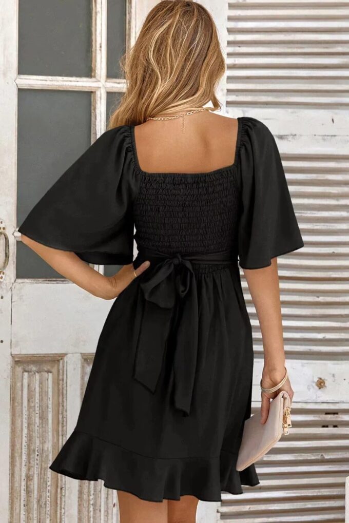 Dokotoo Women's Wrap V Neck Short Flared Sleeve Wedding Guest Dress Smocked Elastic Waist Tiered Belted Ruffle Hem Mini Dress – Bild 2