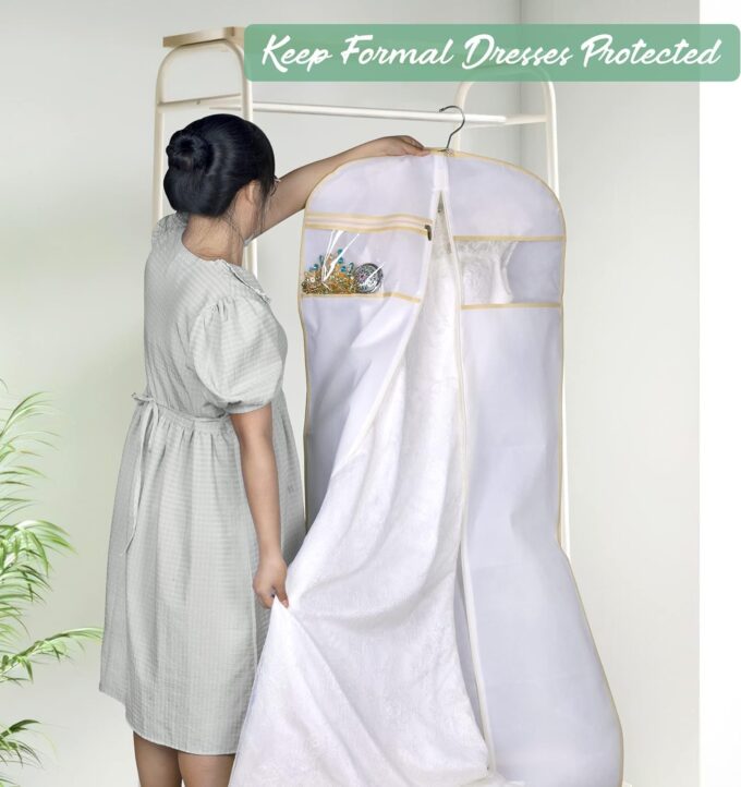 MISSLO Brautkleider Kleidersack in voller Länge Kleiderhülle Brautjungfer Mäntel Kleid Schutz mit Extra Tasche Aufbewahrung Zwickel Hängende Kleiderträge 178 cm (Weiß) – Bild 7