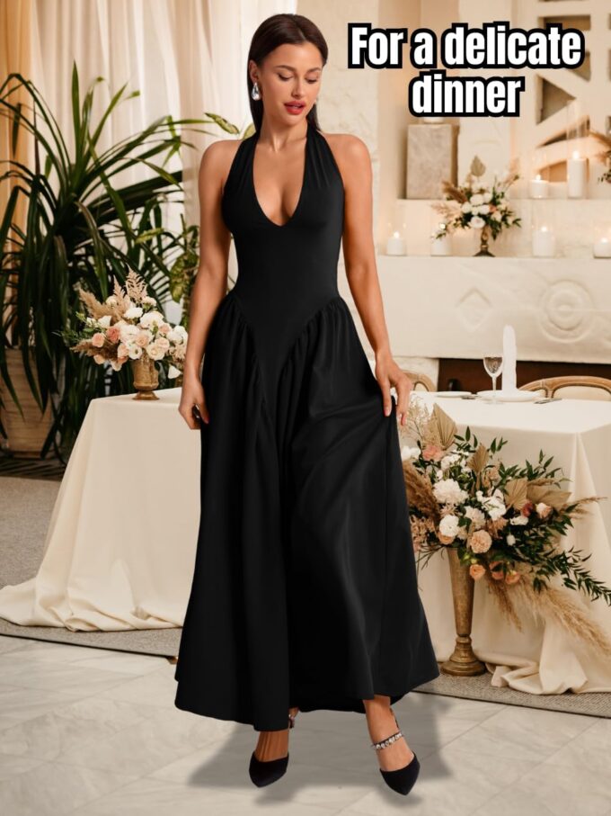 Deep V Neck Dress, Halter Maxi Dresses, Vacation Date Night, Sexy for Women Corset Flowy Wedding Guest Drop Waist – Bild 5