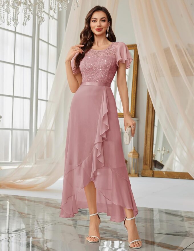 Berylove Abendkleid Lang Elegant für Hochzeit Kleid mit Schlitz Cocktailkleid Damen Elegant mit Ärmeln Elastische Taille – Bild 2
