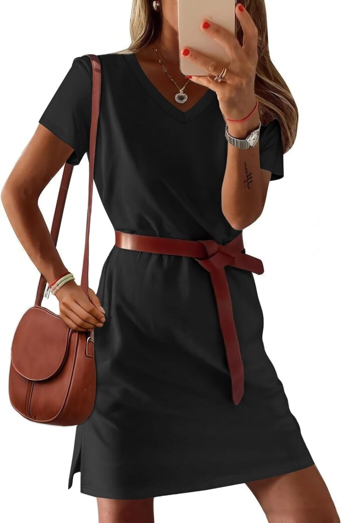 Summer Casual Dresses for Women 2025 Mini Vacation Dress V-Neck Short Sleeve Split Hem Beach Sundress – Bild 2