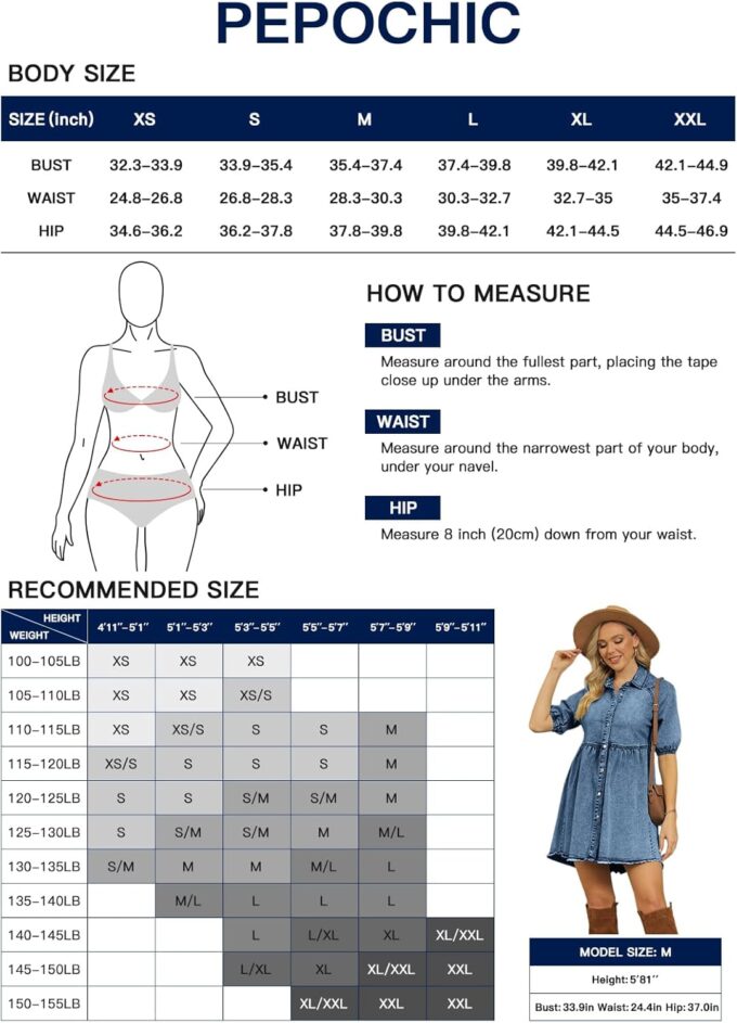 Pepochic Womens Summer Denim Dress Button Down Short Sleeve Babydoll Dress Puff Sleeve Flowy Jean Dress – Bild 6