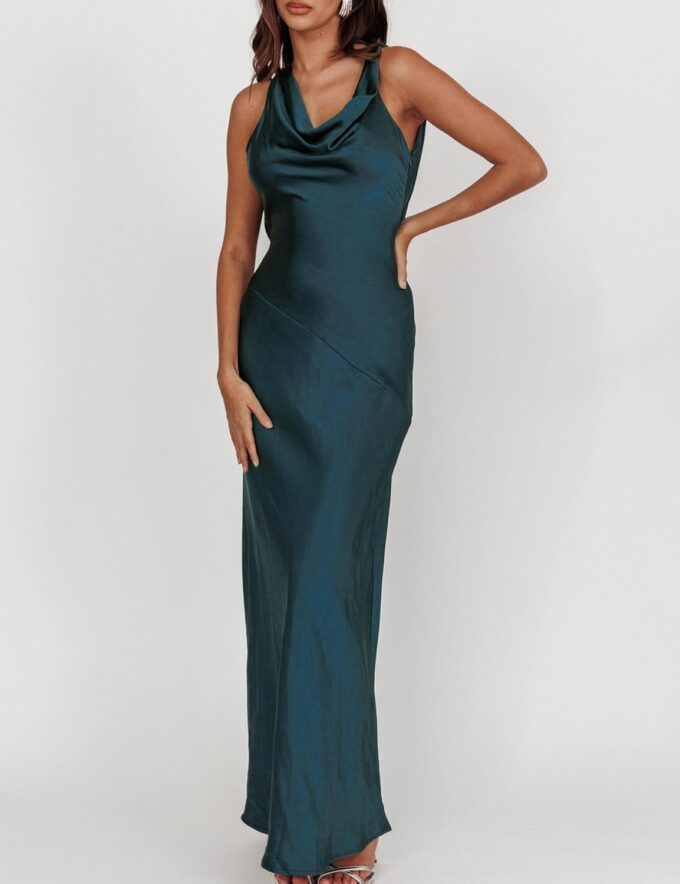 Satin Cowl Neck Sleeveless Backless Maxi Wedding Guest Dress Silk Open Back Tie Back Prom Formal Dresses for Women 2025 – Bild 4