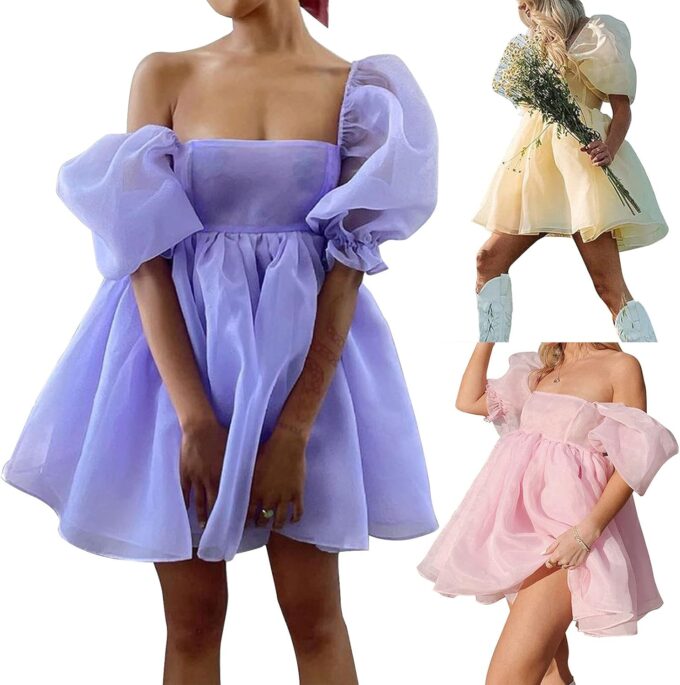 Womens Off-Shoulder Ruffled Fluffy Short-Sleeved Mesh Party Mini Princess Dress – Bild 5