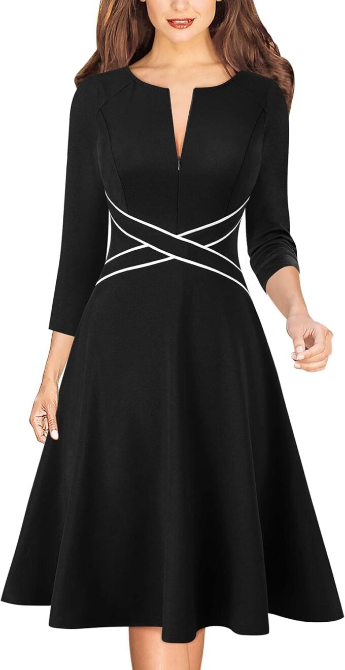 VFSHOW Damenkleid mit Reißverschluss vorne, überkreuzte Taille, schmal, für Arbeit, Business, Büro, Passform und ausgestelltes A-Linien-Kleid
