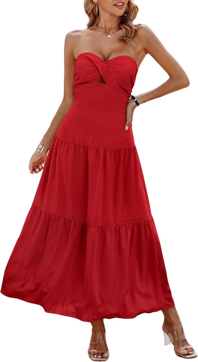 ECOWISH Women's Summer Strapless Maxi Dress 2025 Off Shoulder Hollow Out Smocked A Line Tube Tiered Long Dresses