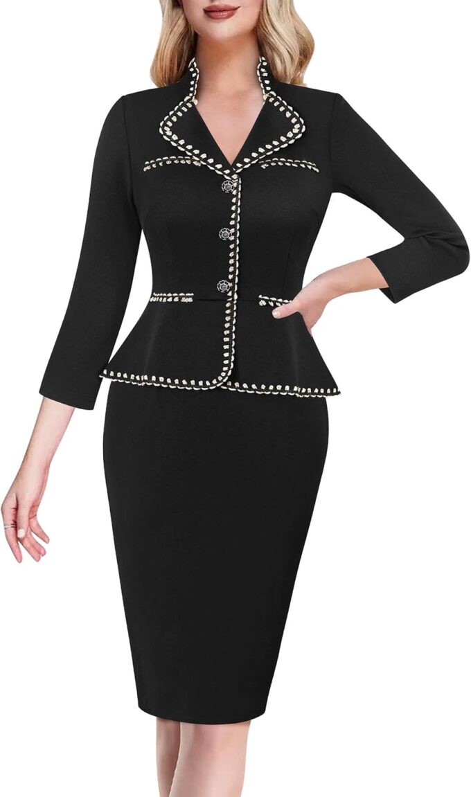 VFSHOW Damenkleid 2024 für Herbst Arbeit Business V-Ausschnitt Knöpfe Kirche Büro Schlankheits Kragen Schößchen Bleistift Etuikleid