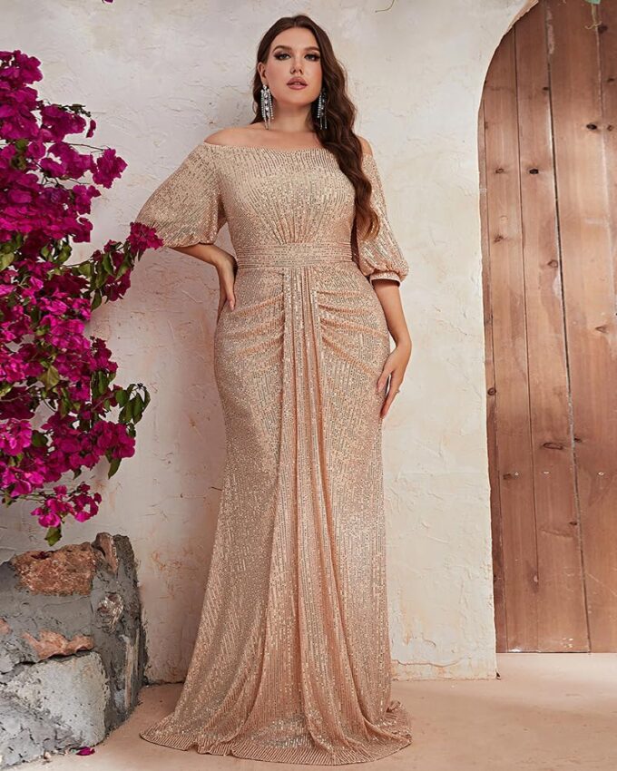 Women's Plus Size Off Shoulder Puff Sleeve Sequin Formal Maxi Dress Evening Party Gowns – Bild 2