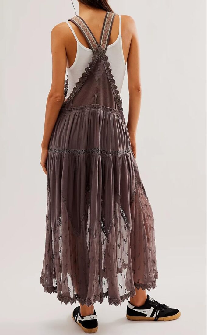 Women's Casual Lace Embroidered Maxi Dress Adjustable Strap Pleated Tiered Swing Long Dress with Pockets – Bild 5