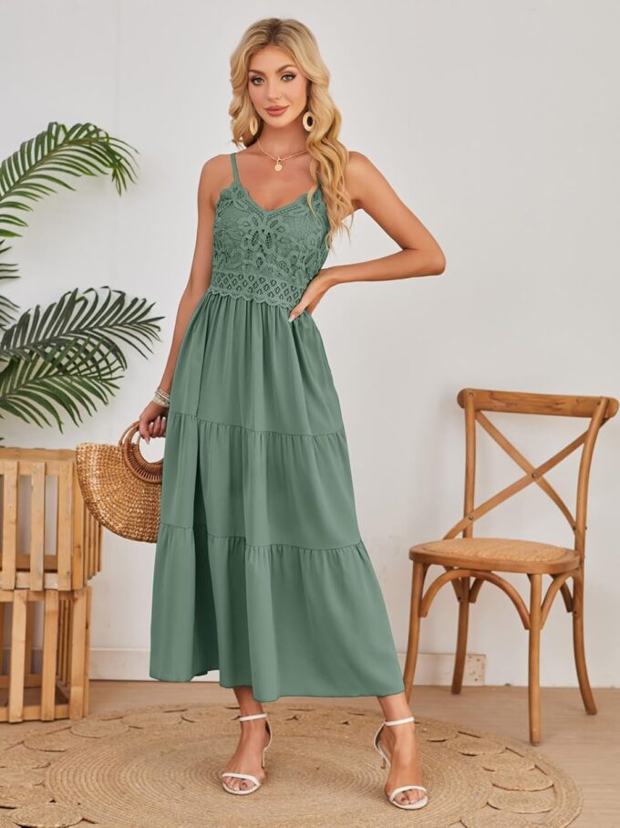 Dokuritu Women's Beach Crochet Lace Maxi Dress Solid Color Summer Vacation Spaghetti Strap Long Dress 2024 – Bild 4