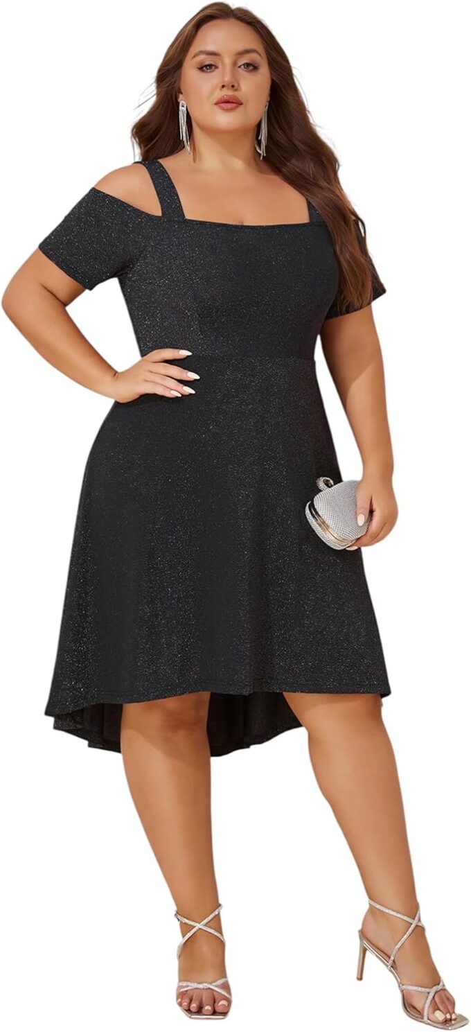ZNU Women’s Plus Size Cocktail Dresses - 2025 Summer Elegant Glitter Cold Shoulder Evening Party Dress A-Line Midi Dress