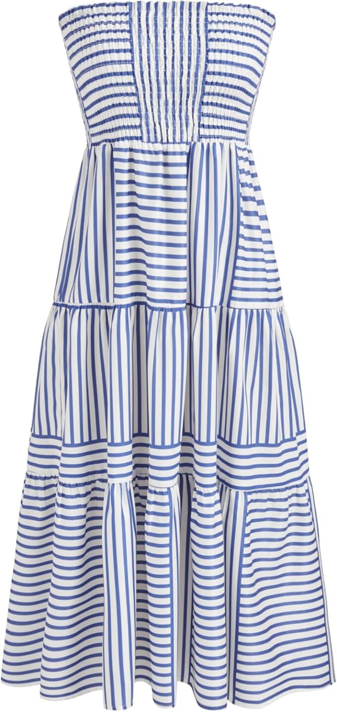 CIDER Womens Casual Dresses Strapless Tube Stripped Shirred A Line Blue Beach Vacation Midi Dress Maxi Skirts