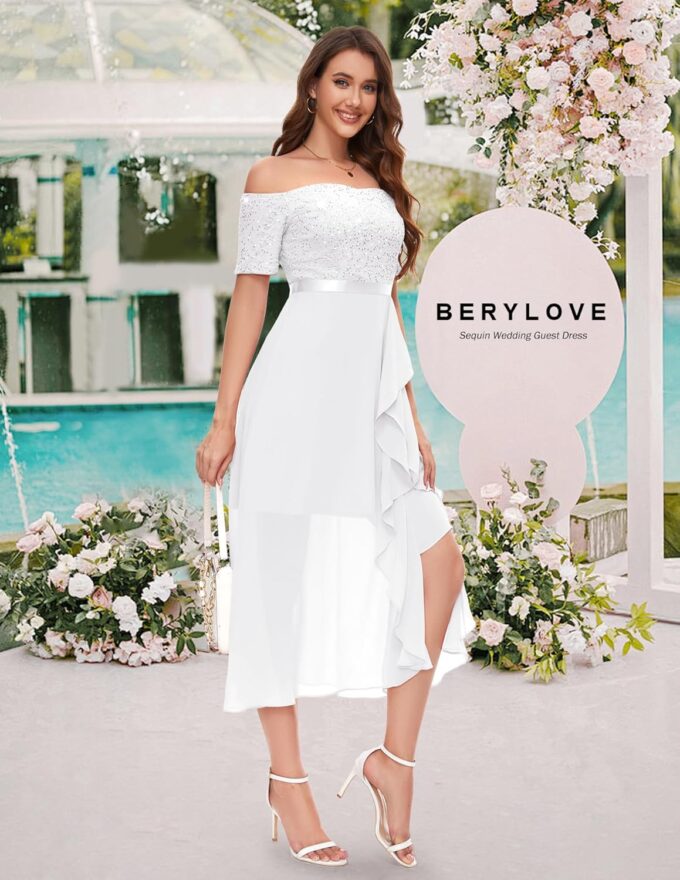 Berylove Abendkleid Damen Lang Glitzer Kleid Cocktailkleid Elegant für Hochzeit Off Shoulder Kleid Ballkleid – Bild 5