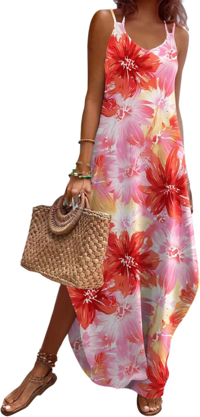 Zeagoo Women's Casual Sundress Summer Maxi Sleeveless V Neck Split Boho Beach Dress Travel Vacation Dress with Pockets