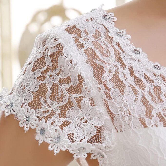 Brautkleid A-Linie Spitzen Hochzeitskleid Damen Maxi Kleider Lang Abendkleid Runde Ausschnitt Kurzarm Brautkleider – Bild 5