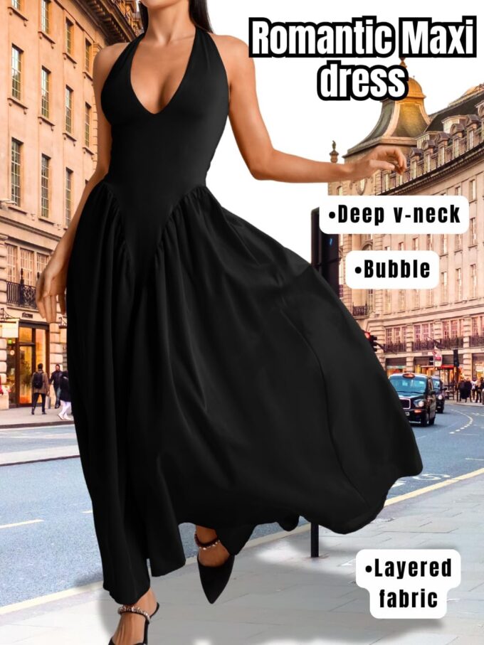 Deep V Neck Dress, Halter Maxi Dresses, Vacation Date Night, Sexy for Women Corset Flowy Wedding Guest Drop Waist – Bild 2