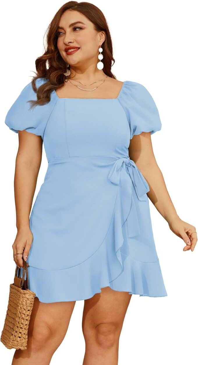 SAMPEEL Womens Summer Dresses Square Neck Puff Sleeve Tie Waist Short Dress – Bild 3
