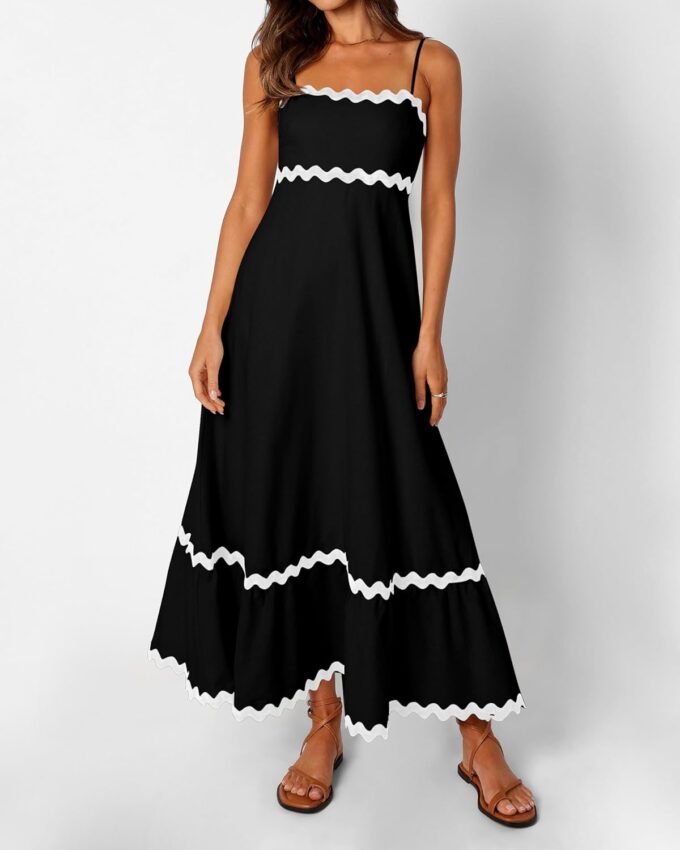 dowerme Women Summer Dresses 2025 Spaghetti Straps Sleeveless Smocked Rickrack Trim Boho Flowy Loose A-Line Midi Dress – Bild 2