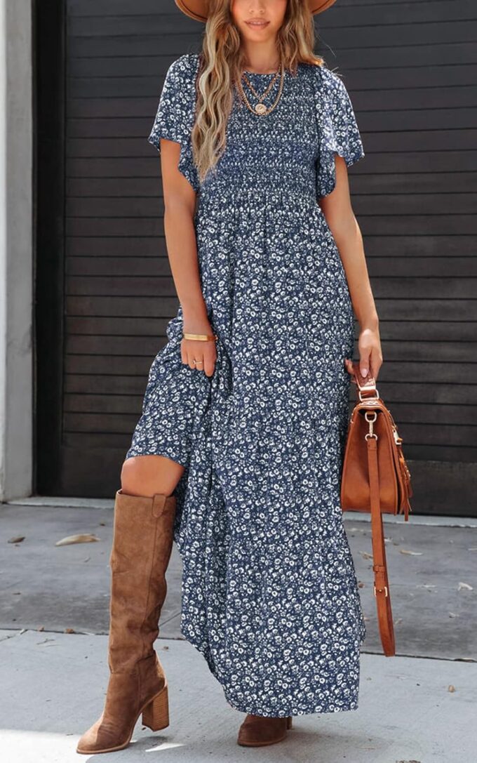 PRETTYGARDEN Women's 2025 Summer Casual Flutter Short Sleeve Boho Floral Maxi Dress Crew Neck Smocked Tiered Long Dresses – Bild 2