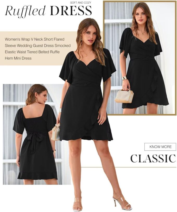 Dokotoo Women's Wrap V Neck Short Flared Sleeve Wedding Guest Dress Smocked Elastic Waist Tiered Belted Ruffle Hem Mini Dress – Bild 5