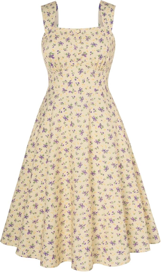 Belle Poque Square Neck Sundress for Women A Line Midi Dress Summer Cocktail Tea Party Dress with Pockets