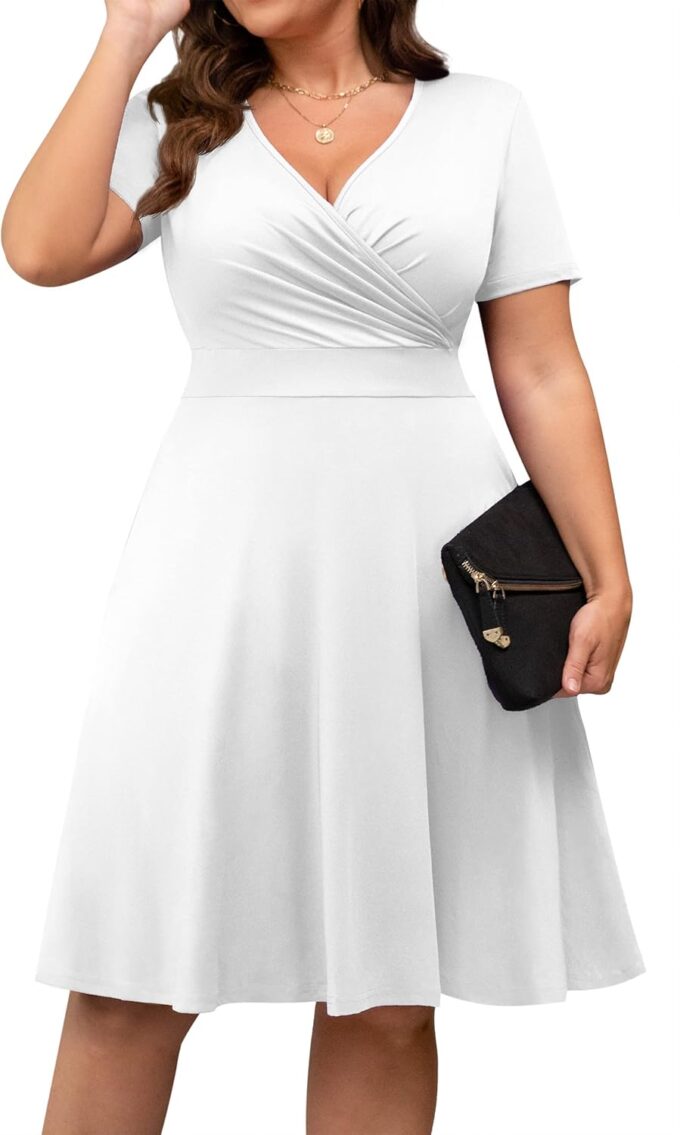 POSESHE Womens Plus Size Dresses Summer Short Sleeve Wrap V-Neck Sundress Casual Wedding Guest Cocktail Dress with Pockets – Bild 3