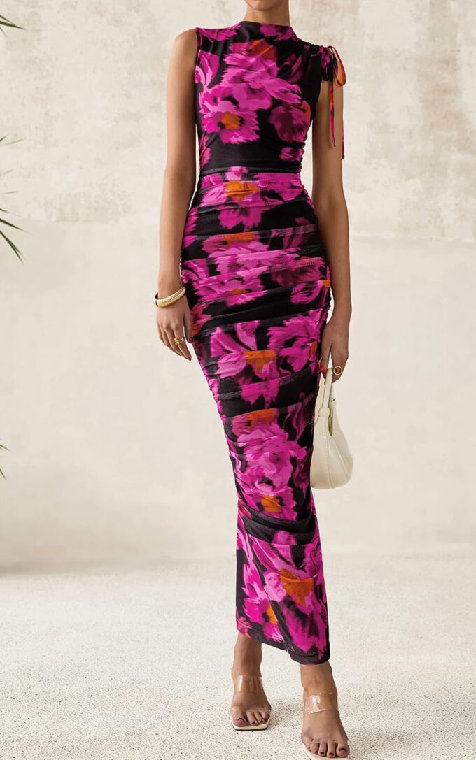 PRETTYGARDEN Women's Summer Maxi Floral Dresses Ruched Bodycon Sleeveless Mesh Formal Wedding Guest Cocktail Split Long Dress – Bild 5