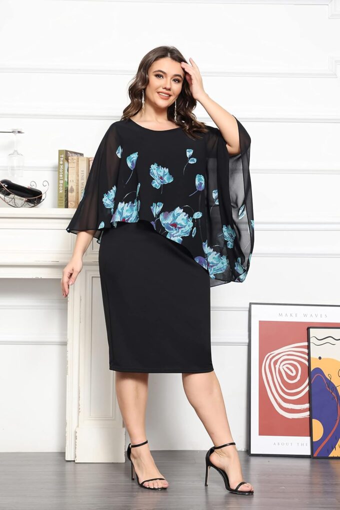 KIMCURVY Damen Große Größe Chiffon Cape Cocktailkleid mit Overlay Knielang Midikleid Bleistiftkleid Abendkleid – Bild 3