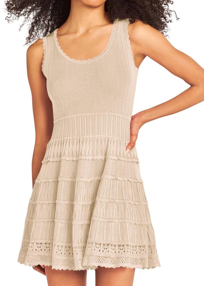 Fisoew Womens Summer Mini Dresses Casual Crewneck Knitted Crochet Hem Flowy Tank Sundress – Bild 2
