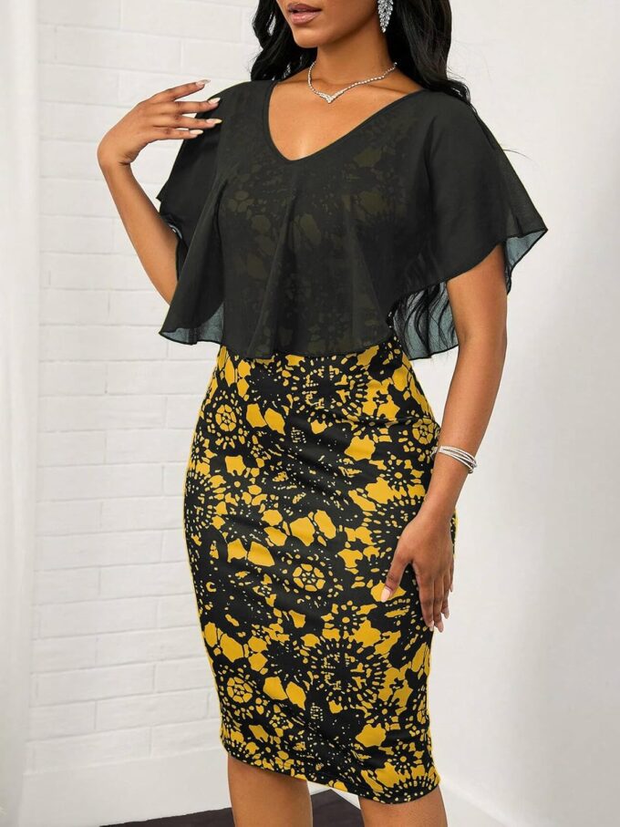 Yajedo Damen Midi Kleider Bodycon Boho Blumendruck Cocktailkleid Rüschen Elegant Bleistift Kurzarm Kleid – Bild 3