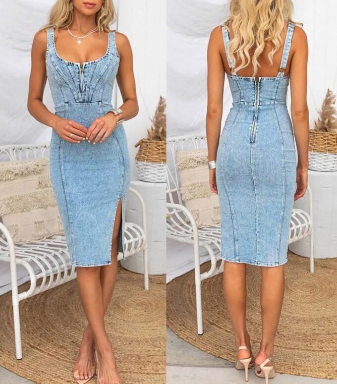 Women's Denim Dress Sleeveless Side Slit Bodycon Midi Jean Scoop Neck Dresses – Bild 2