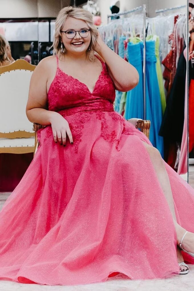 Frauen Spitze Applikation Abschlussball Kleider Langer Tüll Brautjungfernkleid A Linie V-Ausschnitt Formale Partyballkleider mit Schlitz – Bild 6