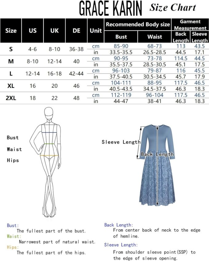 GRACE KARIN Damen Kleid Rundhalsausschnitt Freizeitkleid 3/4-Ärmel A-Linien-Kleid Ausgehöhltes Midikleid Elegantes Einfarbiges Kleid mit Hoher Taille und Taschen Kleider für Hochzeitsgäste – Bild 5