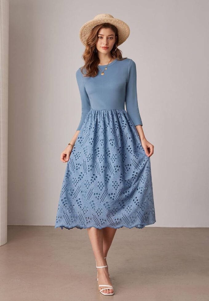 GRACE KARIN Damen Kleid Rundhalsausschnitt Freizeitkleid 3/4-Ärmel A-Linien-Kleid Ausgehöhltes Midikleid Elegantes Einfarbiges Kleid mit Hoher Taille und Taschen Kleider für Hochzeitsgäste – Bild 2