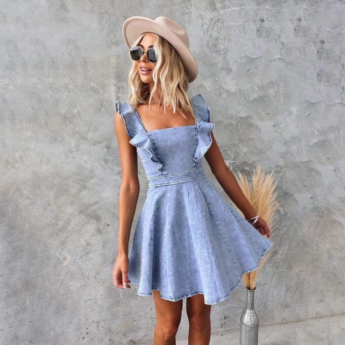 utcoco Denim Dress for Women Ruffle Adjustable Strap Sleeveless Backless Babydoll Mini Jean Dresses – Bild 3