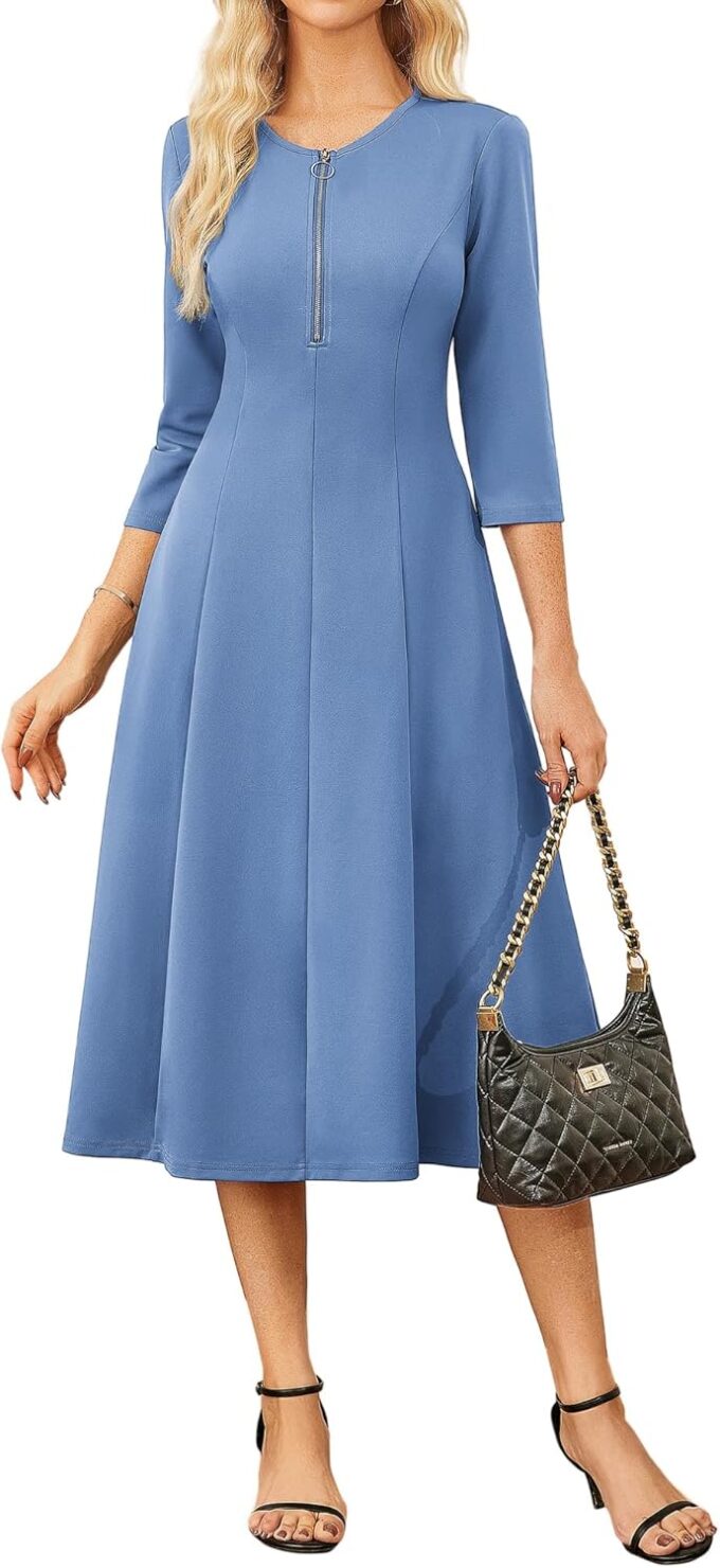 GRACE KARIN Damenkleid, 3/4-Ärmel, Reißverschluss vorne, Midi-Kleid, Empire-Taille, Aline-Kleid mit Taschen