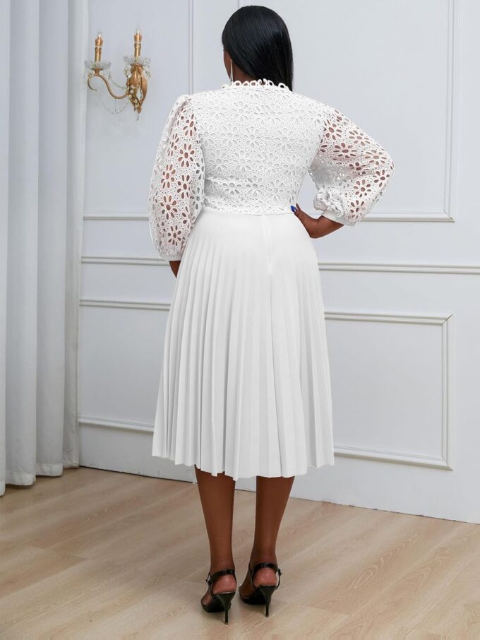 AOMEI Women's Elegant Lace Patchwork A-line Midi Pleated Hollow Out Lantern Sleeve Dress – Bild 4
