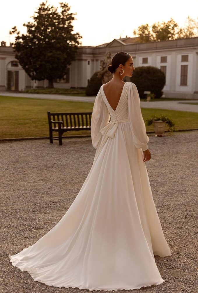 PSFVHHQI Hochzeitskleid Brautkleider Langarm V-Ausschnitt Standesamt Brautmode Brautkleider, White 01, 32 – Bild 3