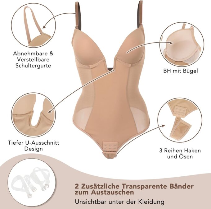SHAPERIN Rückenfrei Formende Bodysuit Damen Shapewear Bauchweg Body mit Push Up BH Body Shaper Tiefer U Ausschnitt – Bild 4