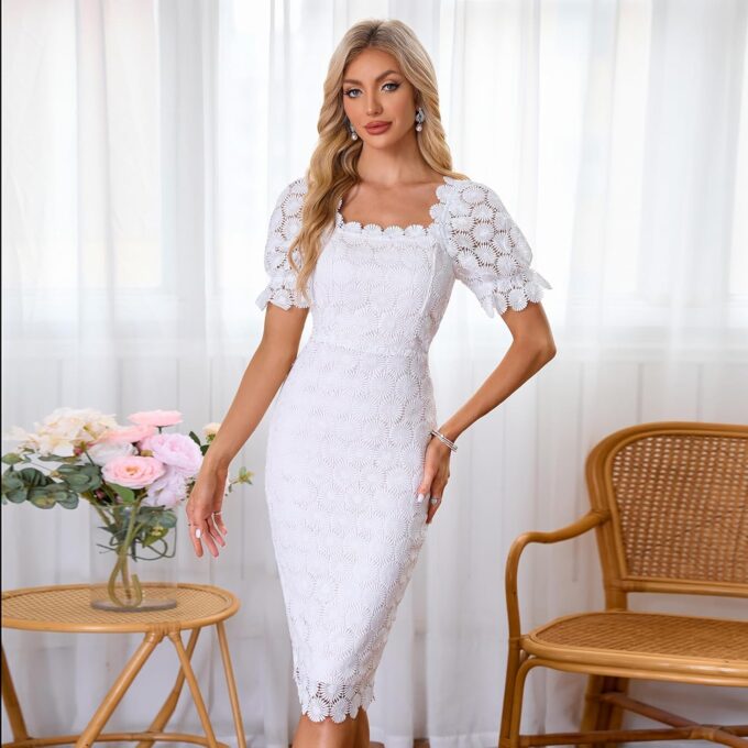 Cololura Elegant Sexy Floral Lace Short Sleeve Off Shoulder Evening Gown Party Formal Bodycon Midi Dress – Bild 4