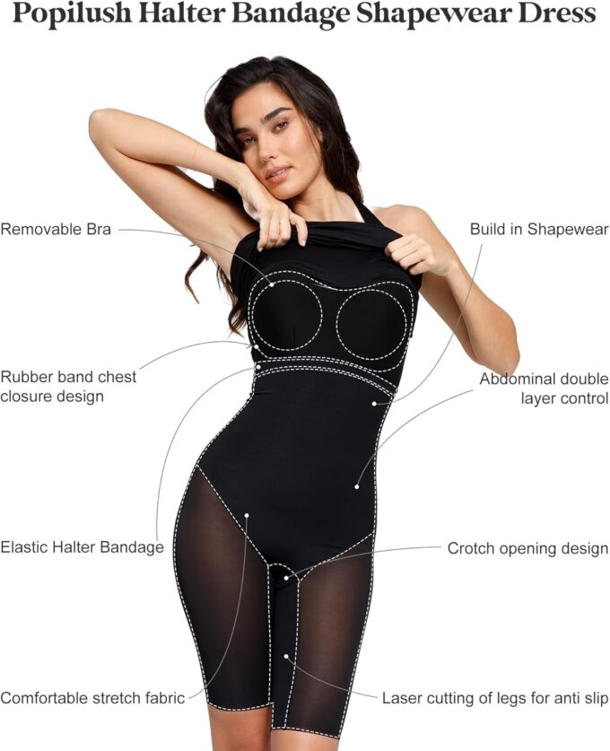 Popilush Shapewear Halter Summer Dress 4 Ways to Wear Bandage Casual Club Night Out Dress Built in Bra – Bild 3
