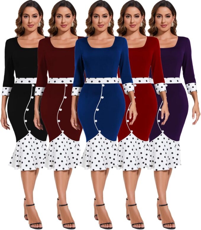 Damenkleid, Kirchenkleid, formell, langärmelig, Vintage-Rüschen, Wickelkleid, Midi-Bleistiftkleider – Bild 6