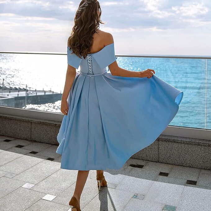 Knielange Brautjungfernkleider Ballkleid,Einschultriger Dreiviertelrock aus Satin in A-Linie,Kurz Slim Abend Brautkleid – Bild 2