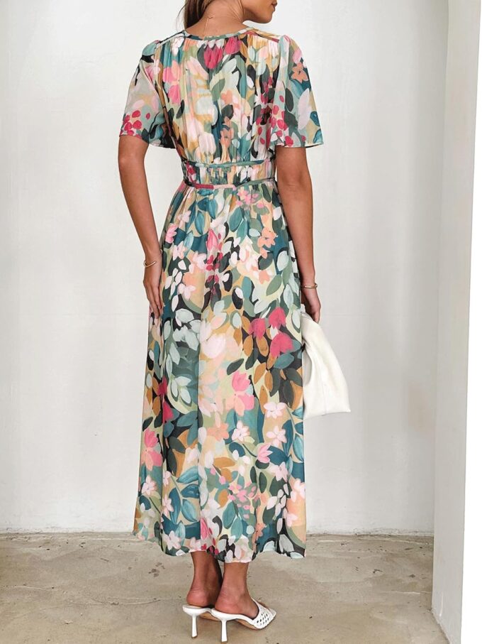 Womens V Neck Flutter Sleeve Boho Midi Dress Summer Wedding Guest Beach Party Long Dresses – Bild 6