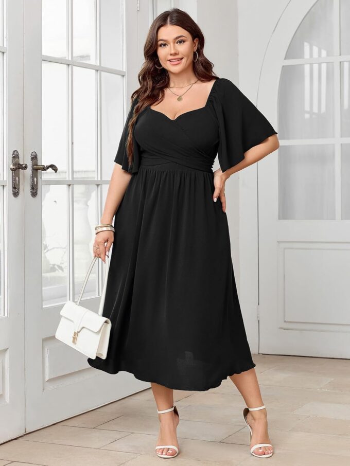 Women's Plus Size Midi Dress Sweetheart Neck Short Sleeve Wedding Guest Cocktail A Line Flowy Dress – Bild 7