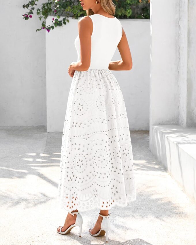 dowerme Women Summer Dresses 2025 Casual Sleeveless Crewneck A-Line Boho Lace Eyelet Cotton Tank Maxi Dress with Pockets – Bild 5