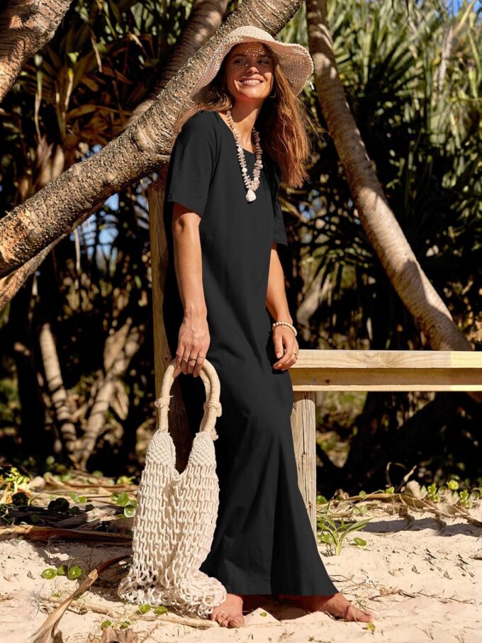 MEROKEETY Women's 2025 Summer Casual Maxi Dress Beach Vacation Short Sleeve Crewneck Basic Long T Shirt Dresses – Bild 7
