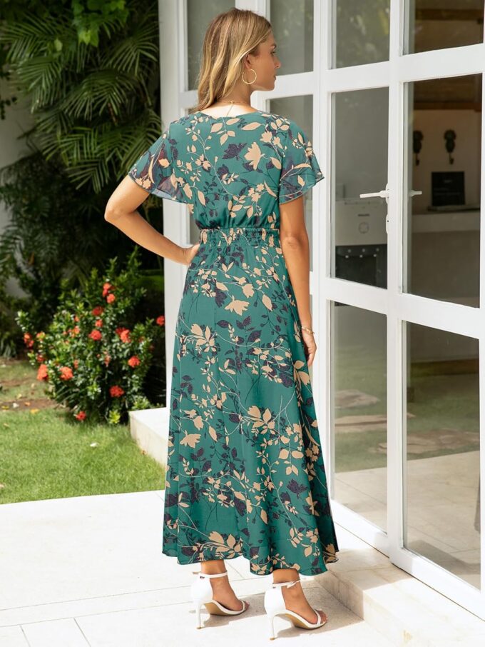 Simplee Womens Floral Maxi Dress - Short Sleeve Summer Boho Wedding Guest Dress Empire Waist Chiffon Modest Midi Dresses – Bild 6