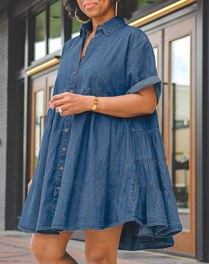 Womens Denim Babydoll Dresses Button Down Tiered Jean Dress – Bild 3